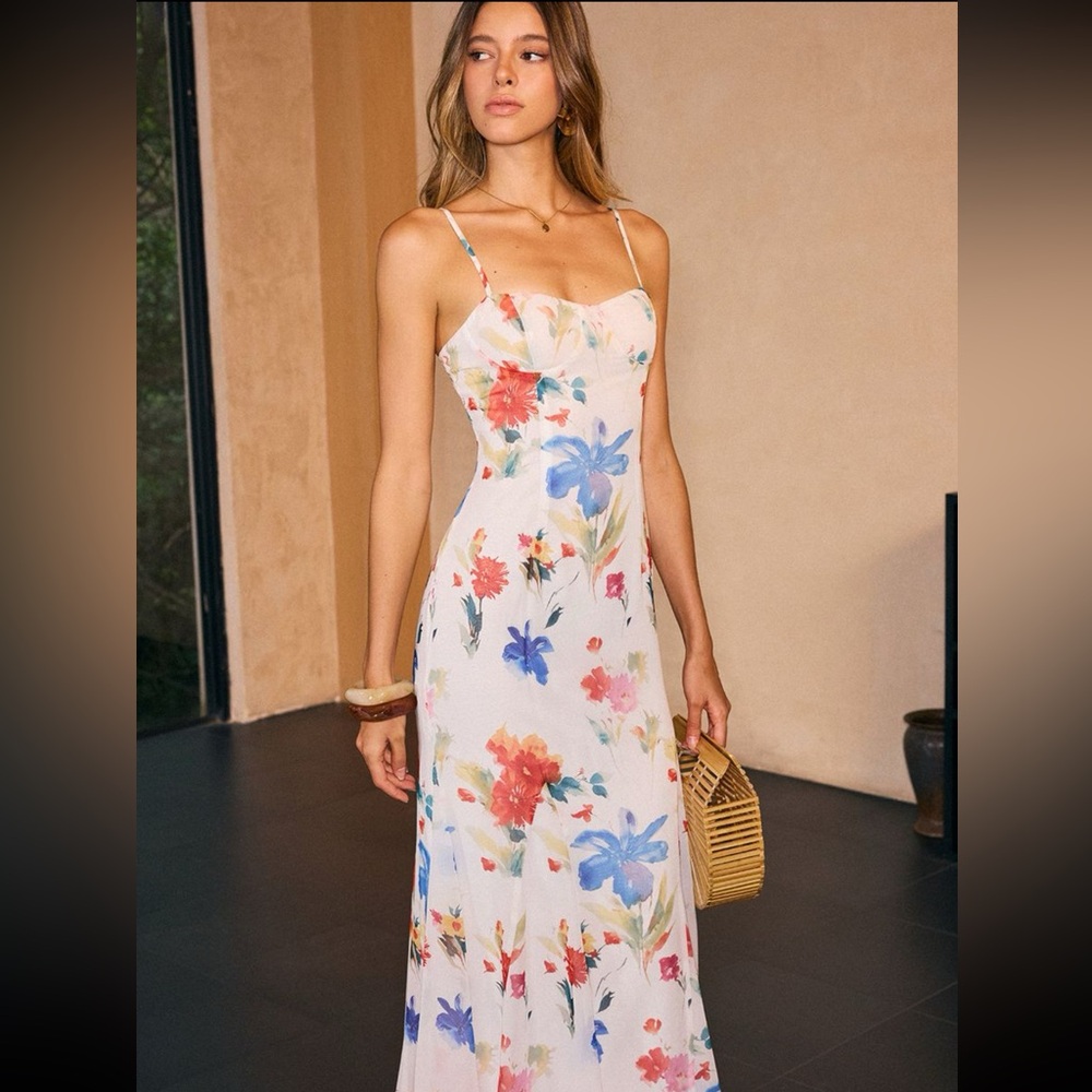 Floral Maxi Slip Dress - White with Multicolor Blooms